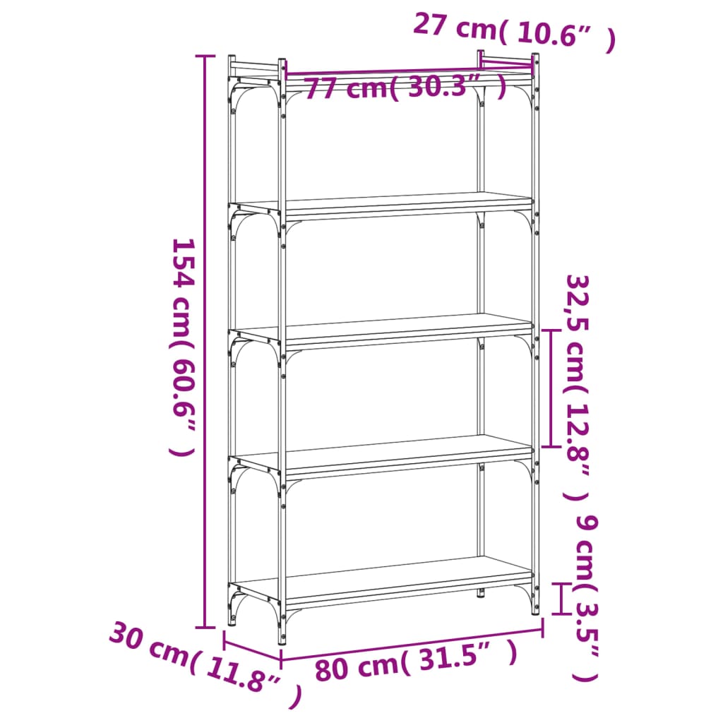 vidaXL bogreol 5 hylder 80x30x154 cm konstrueret træ brunt eg