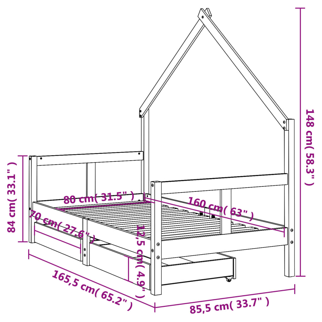 vidaXL sengeramme til juniorseng m. skuffer 80x160 cm massivt fyr sort