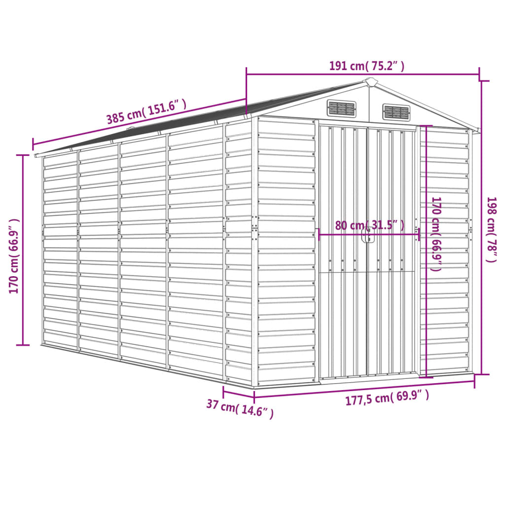 vidaXL haveskur 191x385x198 cm galvaniseret stål lysegrå