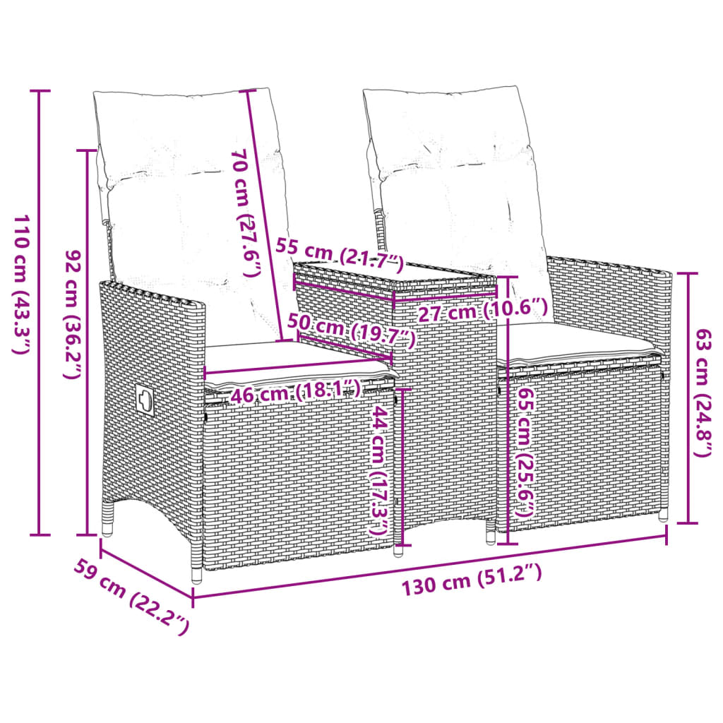 vidaXL 2-personers havesofa med bord og lænefunktion polyrattan beige