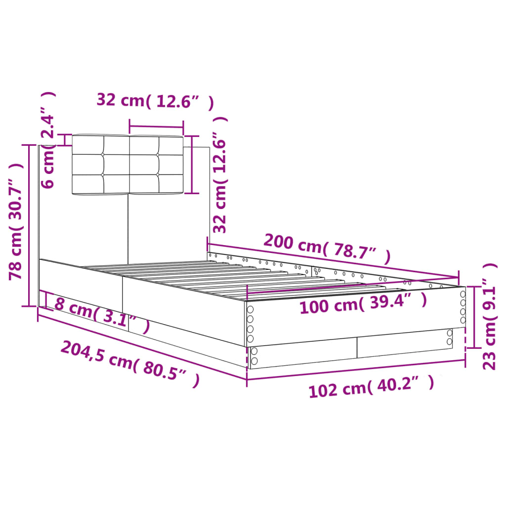 vidaXL sengeramme med sengegavl 100x200 cm konstrueret træ brunt eg