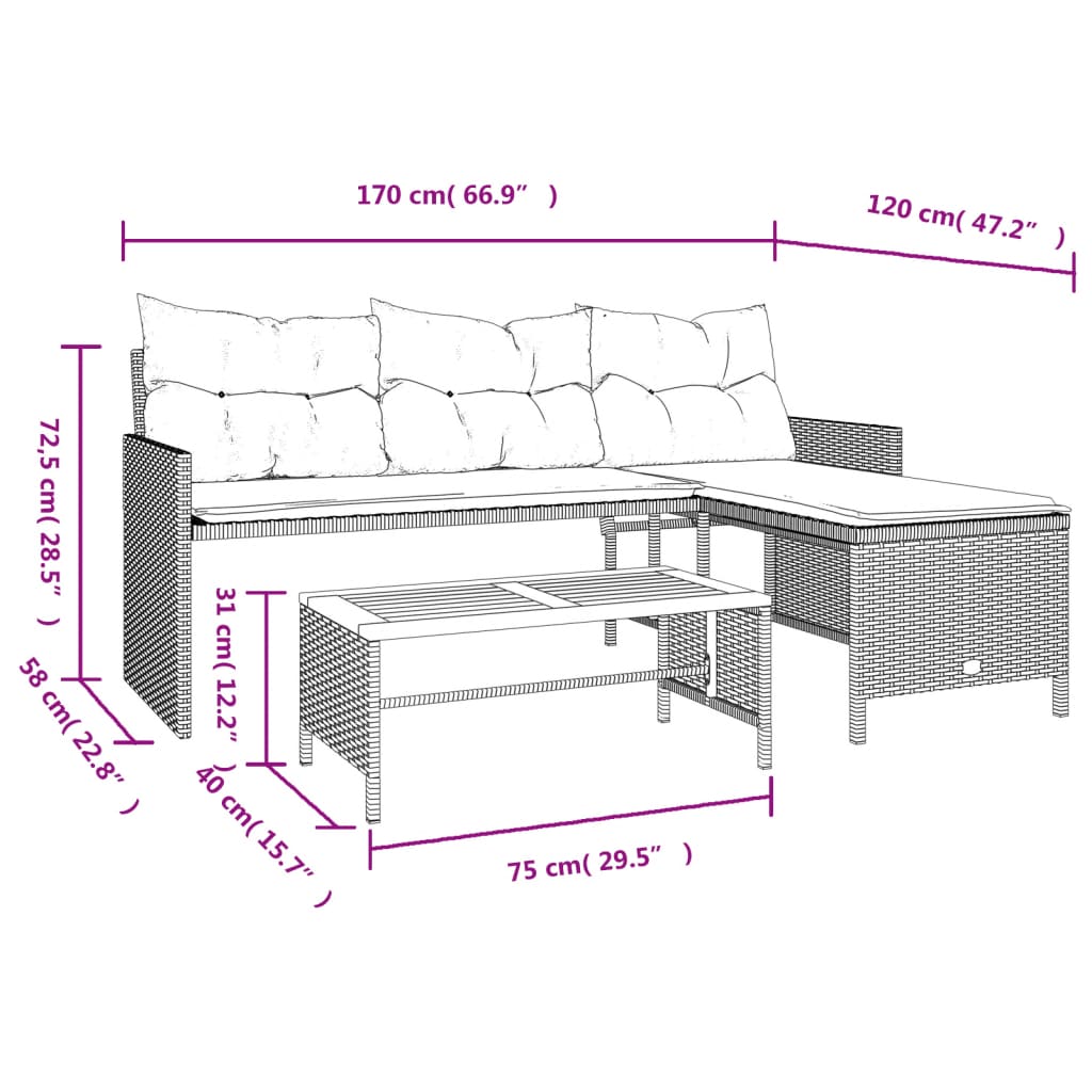 vidaXL havesofa med bord og hynder L-formet polyrattan sort