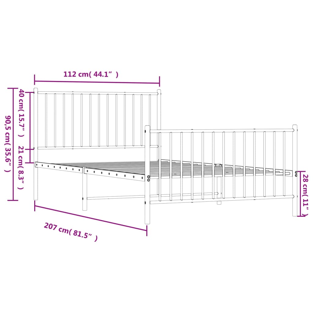 vidaXL sengeramme med sengegavl og fodgærde 107x203 cm metal hvid