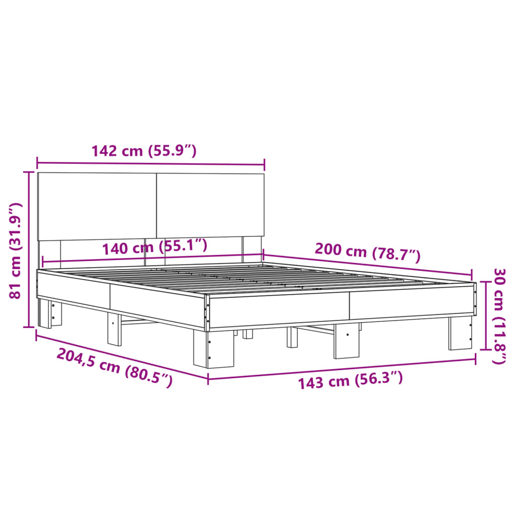 vidaXL sengestel 140x200 cm konstrueret træ og metal brun egetræ