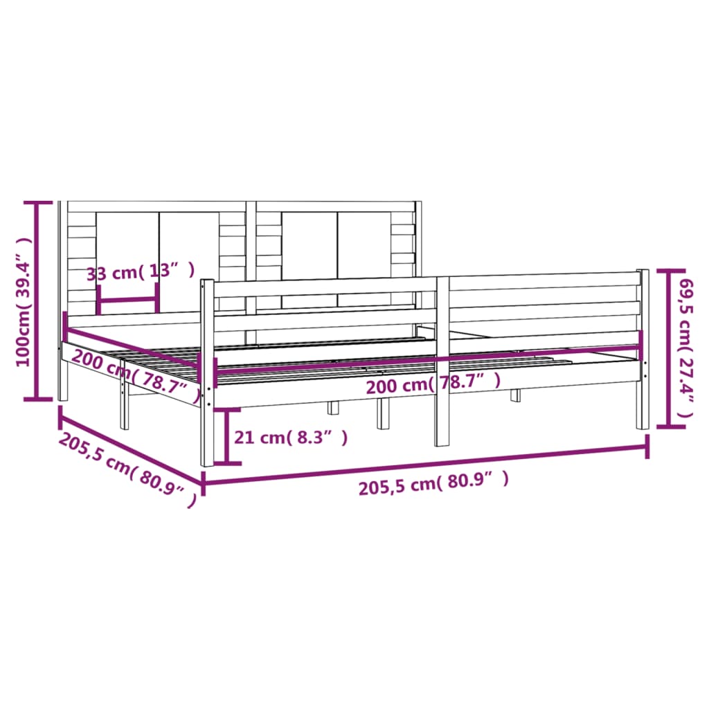 vidaXL sengestel 200x200 cm massivt fyrretræ sort