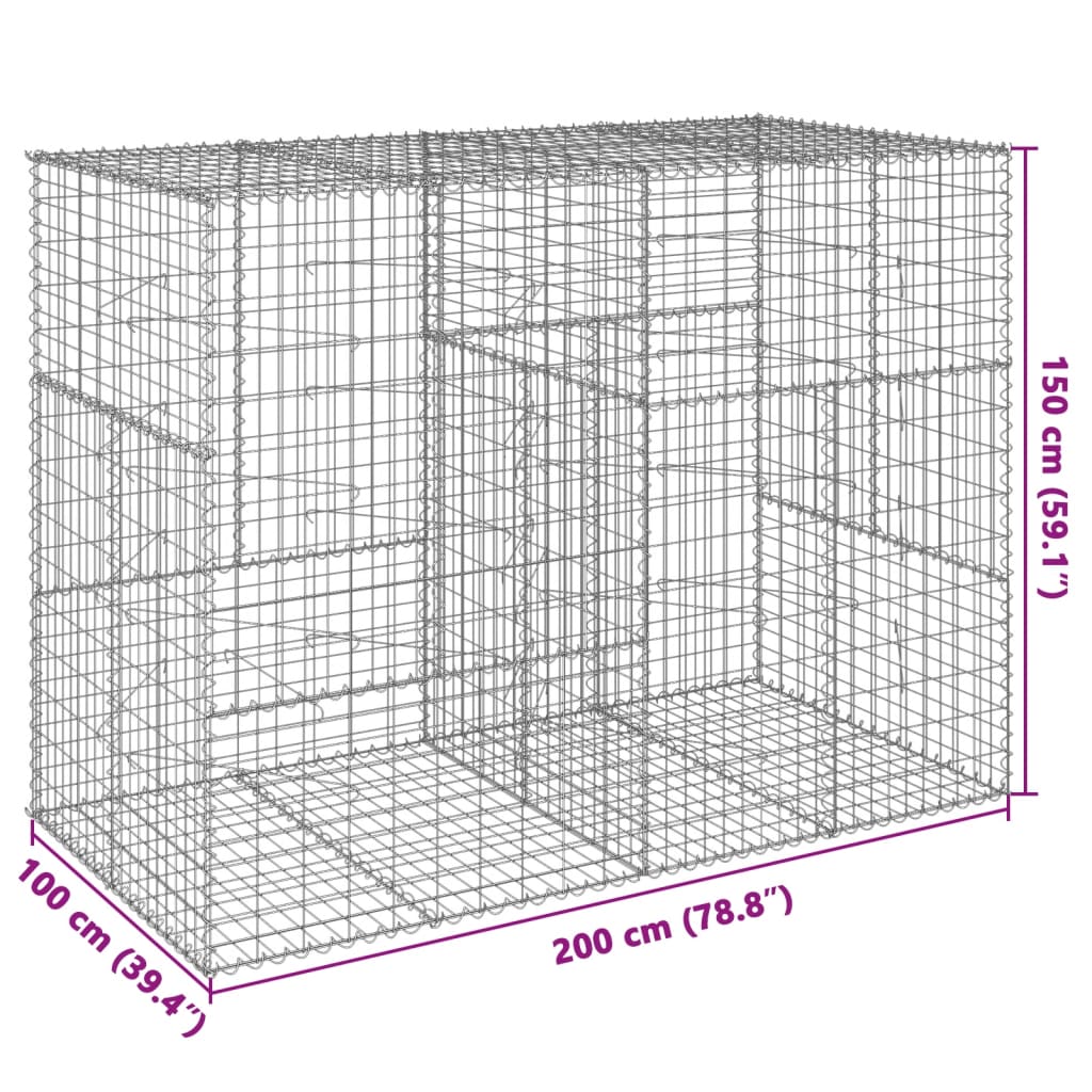 vidaXL gabionkurv med cover 200x100x150 cm galvaniseret jern