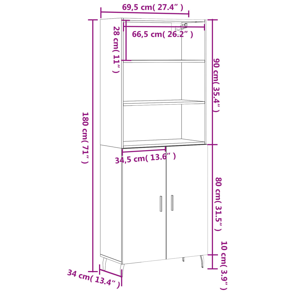 vidaXL højskab 69,5x34x180 cm konstrueret træ betongrå