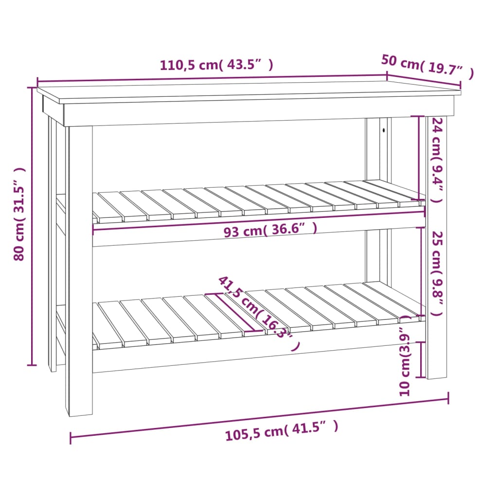 vidaXL arbejdsbord 110,5x50x80 cm massivt fyrretræ gyldenbrun