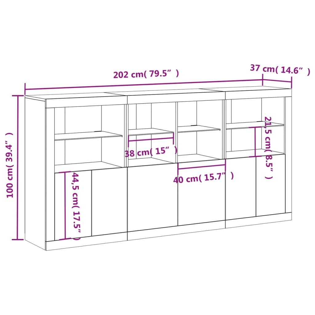 vidaXL skænk med LED-lys 202x37x100 cm hvid