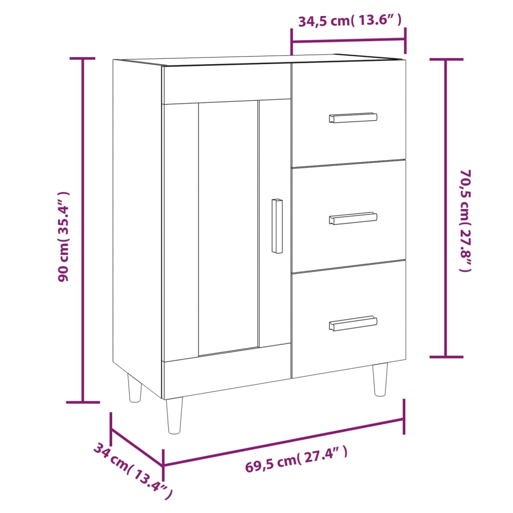 vidaXL skænk 69,5x34x90 cm konstrueret træ hvid højglans