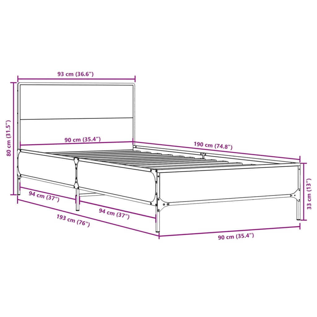 vidaXL sengeramme 90x190 cm konstrueret træ og metal røget eg