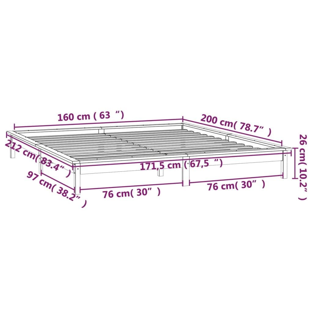 vidaXL sengeramme med LED-lys 160x200 cm massivt træ grå