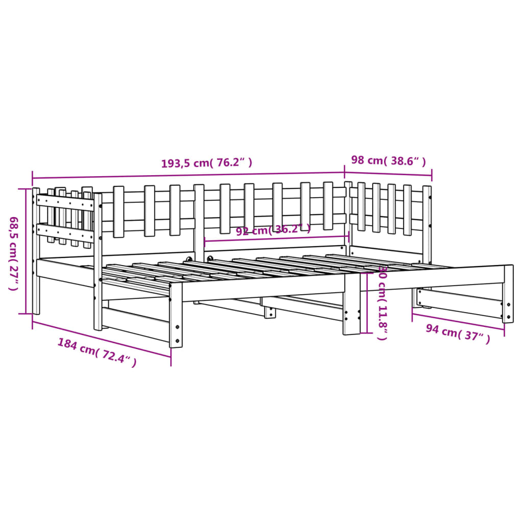 vidaXL daybed med udtræk 2x(90x190) cm massivt fyrretræ