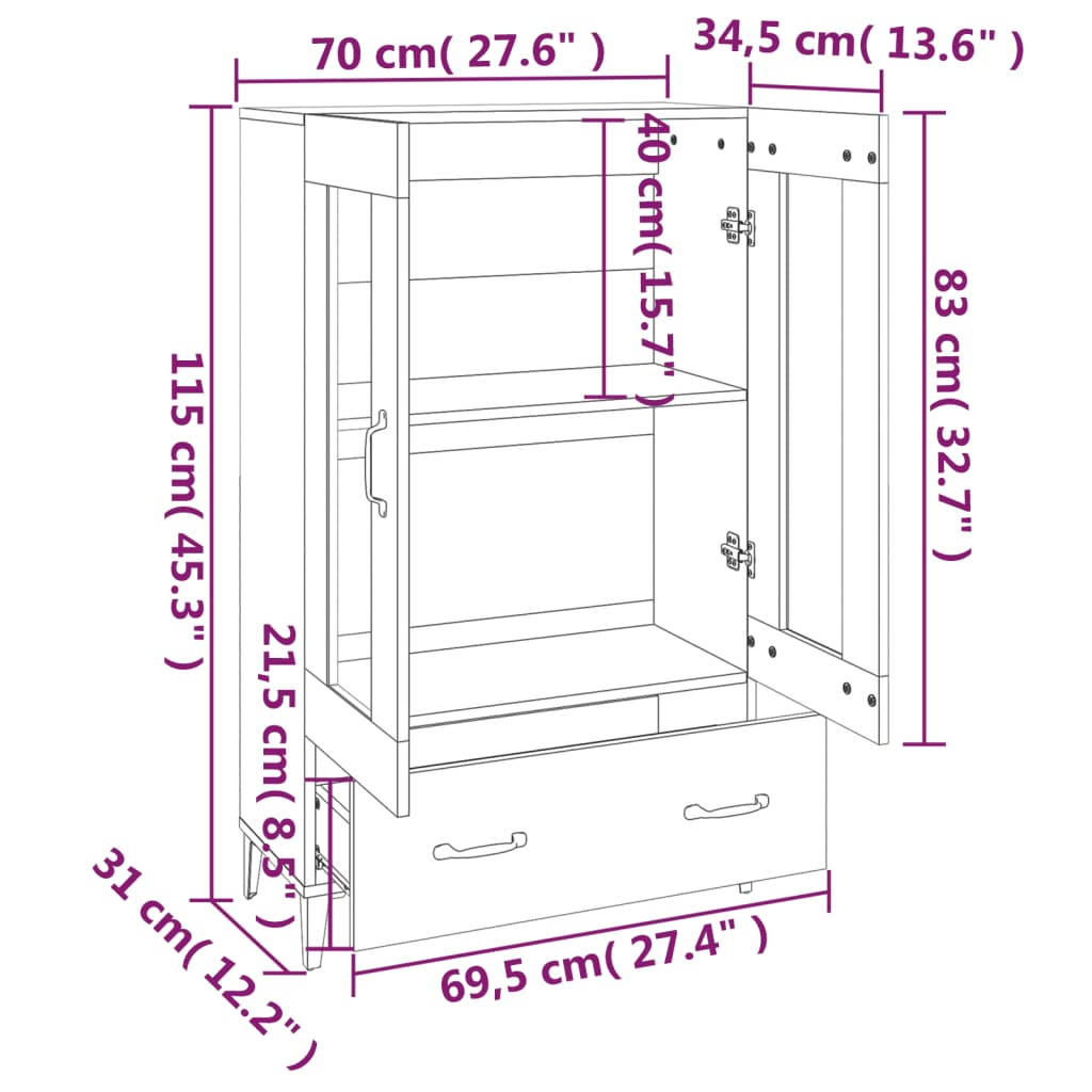 vidaXL skab 70x31x115 cm konstrueret træ grå sonoma-eg