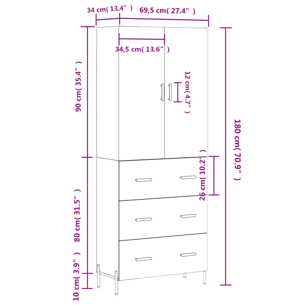 vidaXL højskab 69,5x34x180 cm konstrueret træ hvid højglans