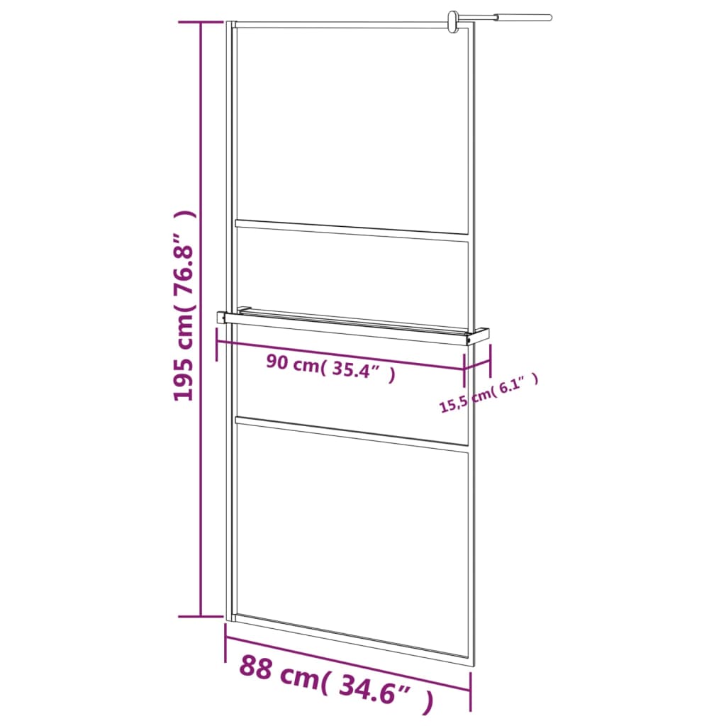 vidaXL brusevæg med hylde 90x195 cm sikkerhedsglas og aluminium sort