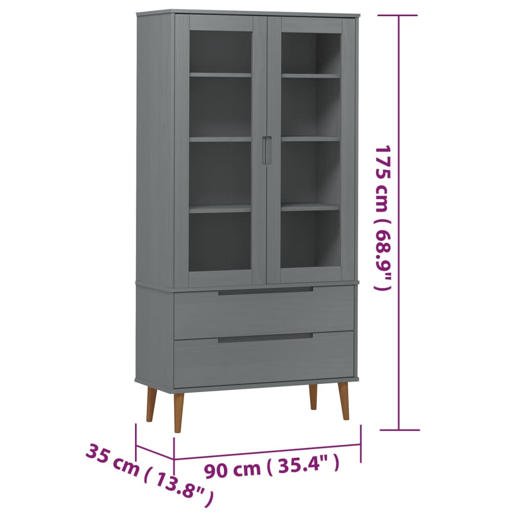 vidaXL vitrineskab MOLDE 90x35x175 cm massivt fyrretræ grå