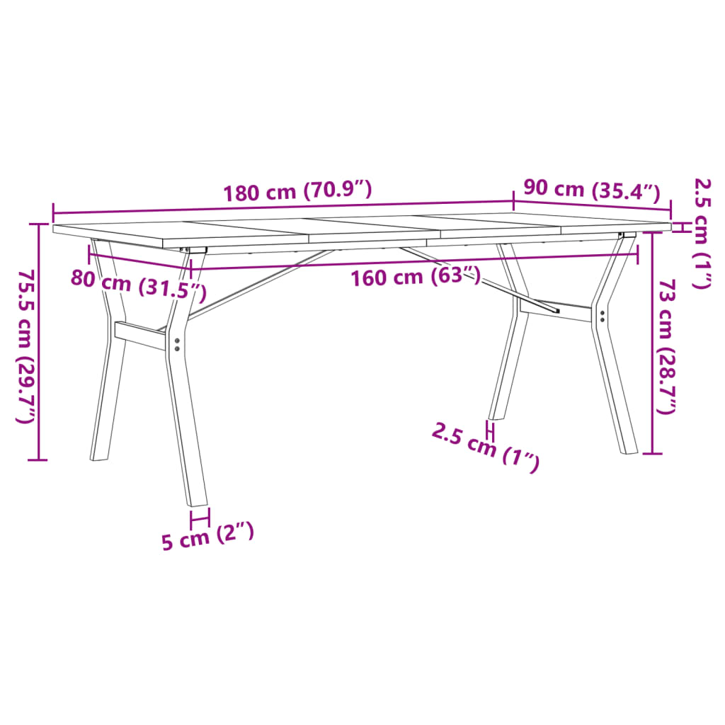 vidaXL spisebord 180x90x75,5 cm Y-stel massivt fyrretræ og støbejern