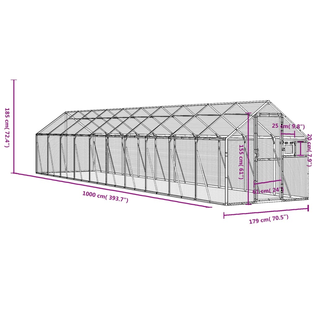 vidaXL voliere 1,79x10x1,85 m aluminium sølvfarvet