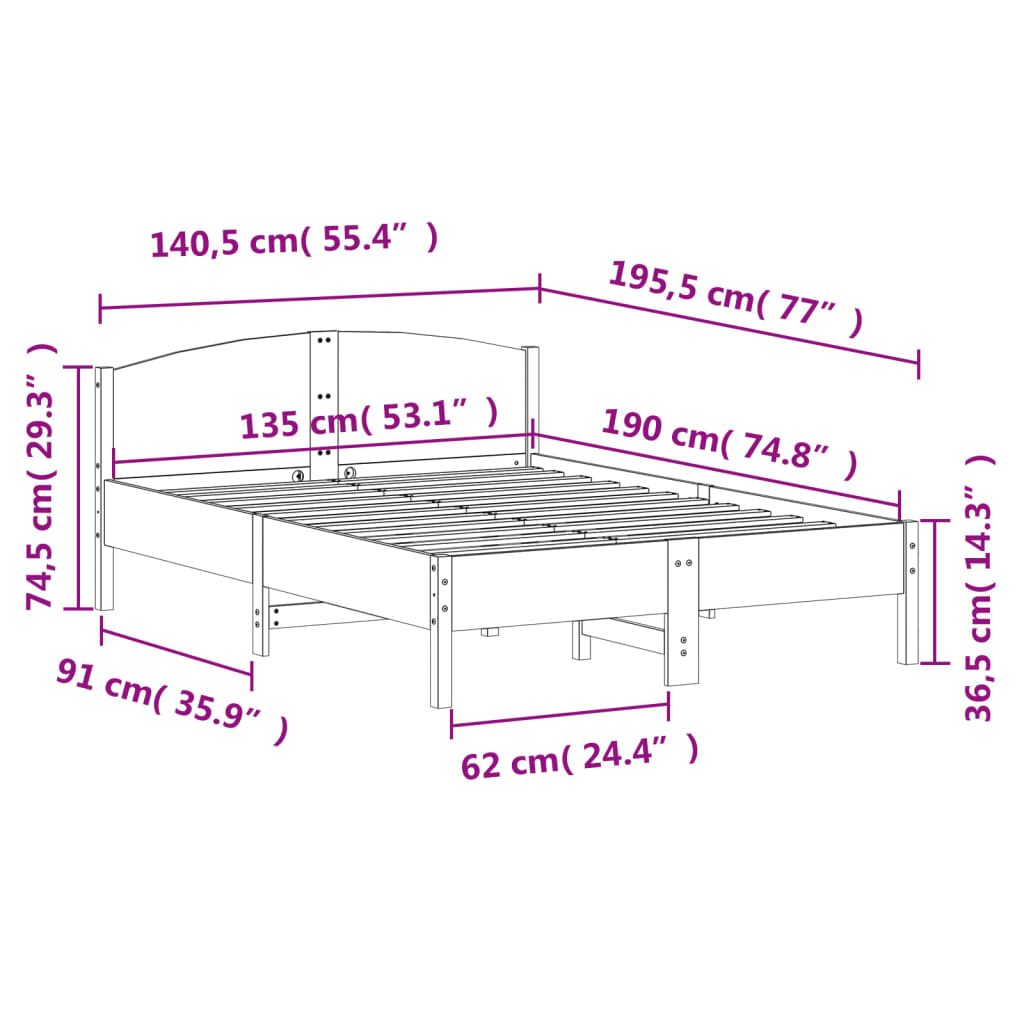 vidaXL sengeramme uden madras 135x190 cm massivt fyrretræ hvid