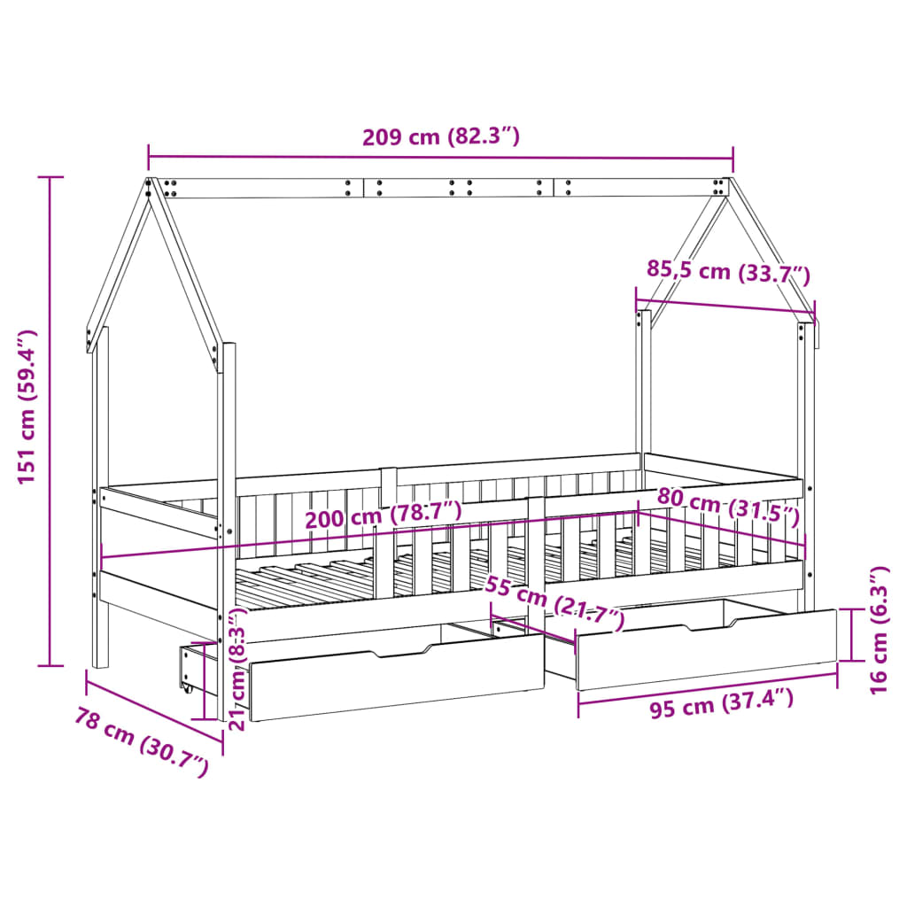 vidaXL sengeramme til juniorseng m. skuffer 80x200 cm massivt fyr