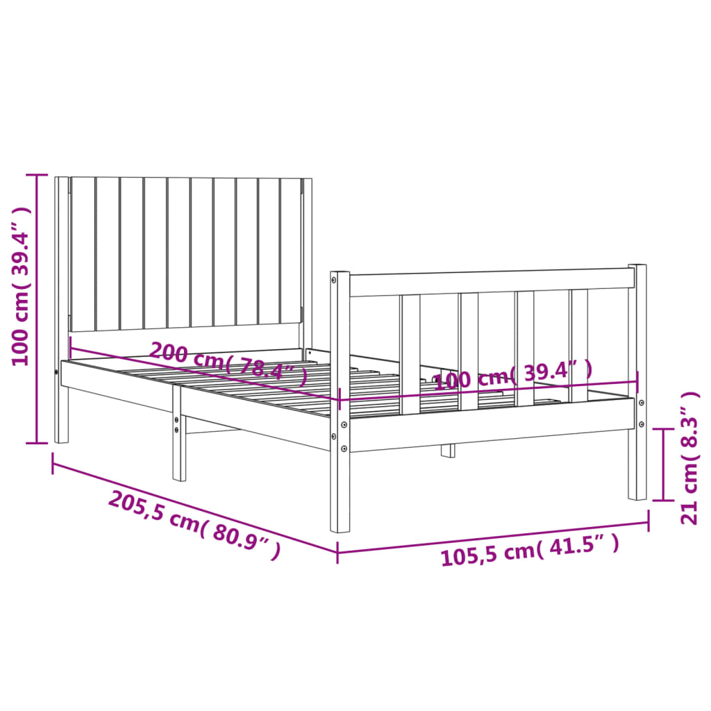 vidaXL sengeramme med sengegavl 100x200 cm massivt træ hvid