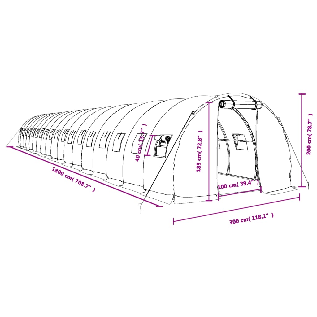 vidaXL drivhus med stålstel 54 m² 18x3x2 m grøn