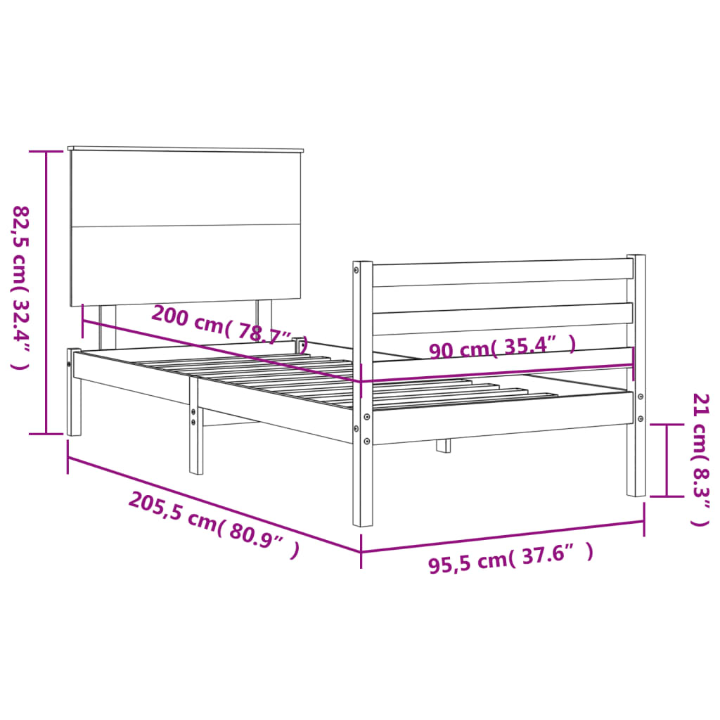 vidaXL sengeramme med sengegavl 90x200 cm massivt træ sort