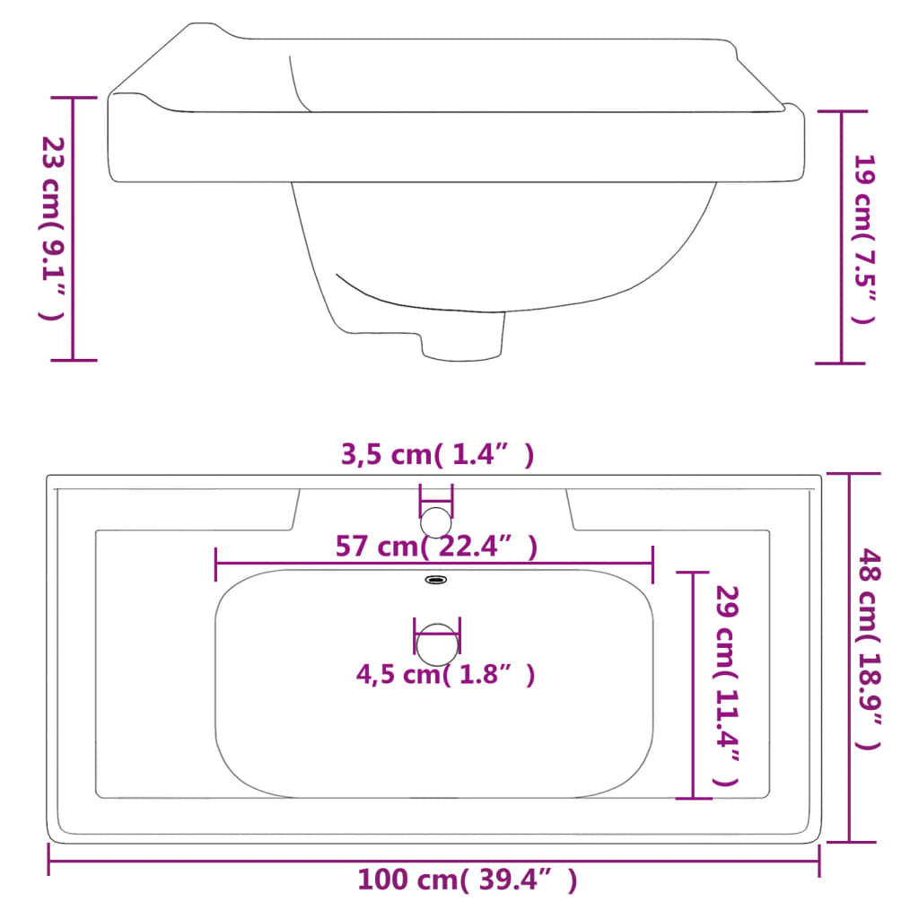 vidaXL badeværelsesvask 100x48x23 cm rektangulær keramisk hvid