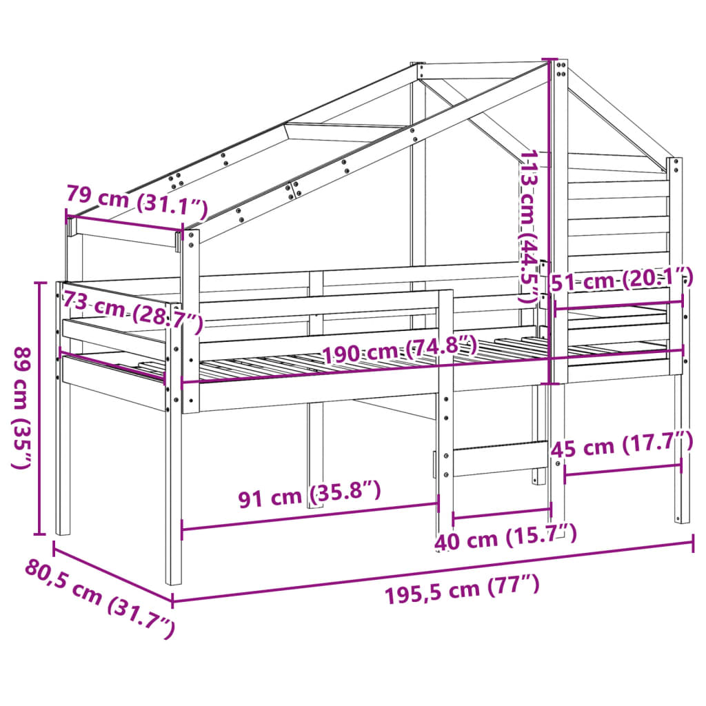 vidaXL højseng med tag 75x190 cm massivt fyrretræ gyldenbrun