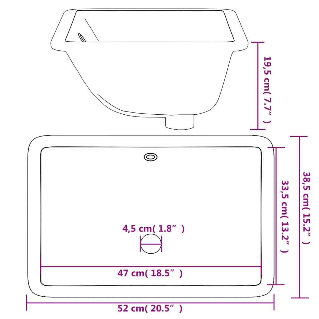 vidaXL badeværelsesvask 52x38,5x19,5 cm rektangulær keramisk hvid