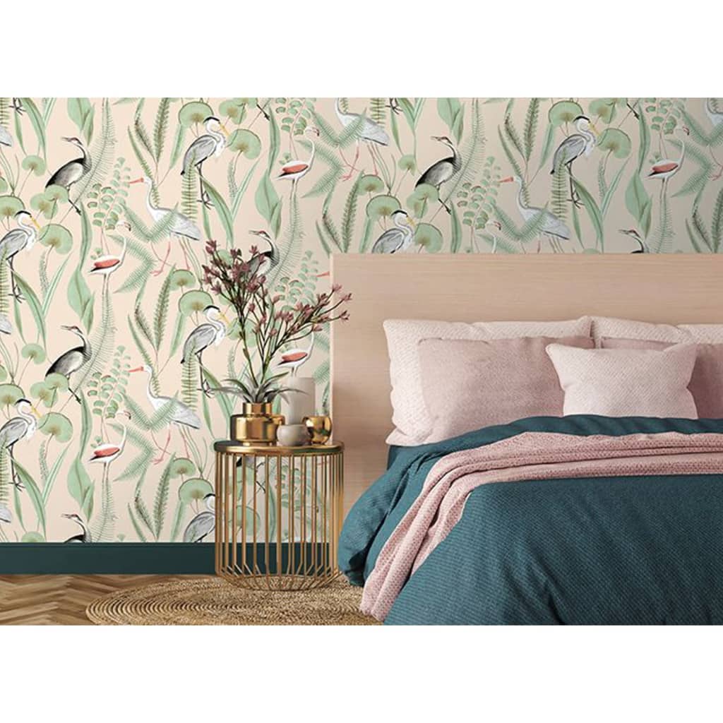 DUTCH WALLCOVERINGS tapet Flamingo cremefarvet og mintgrøn