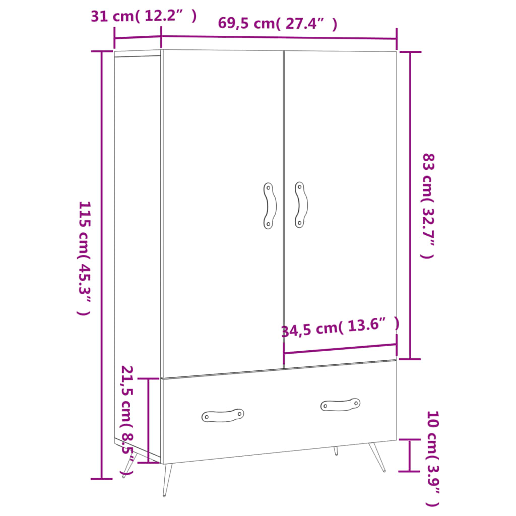 vidaXL skab 69,5x31x115 cm konstrueret træ hvid