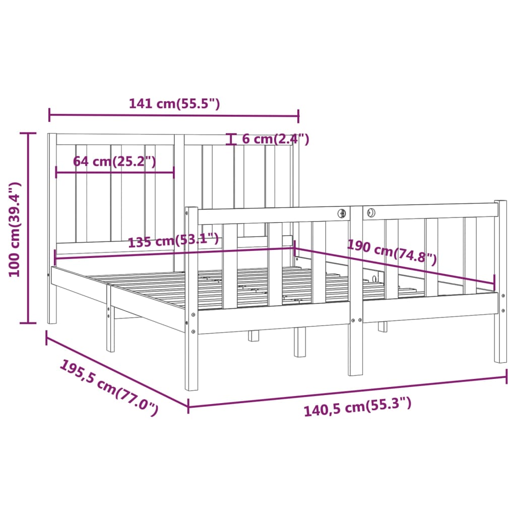 vidaXL sengeramme 135x190 cm Double massivt fyrretræ sort