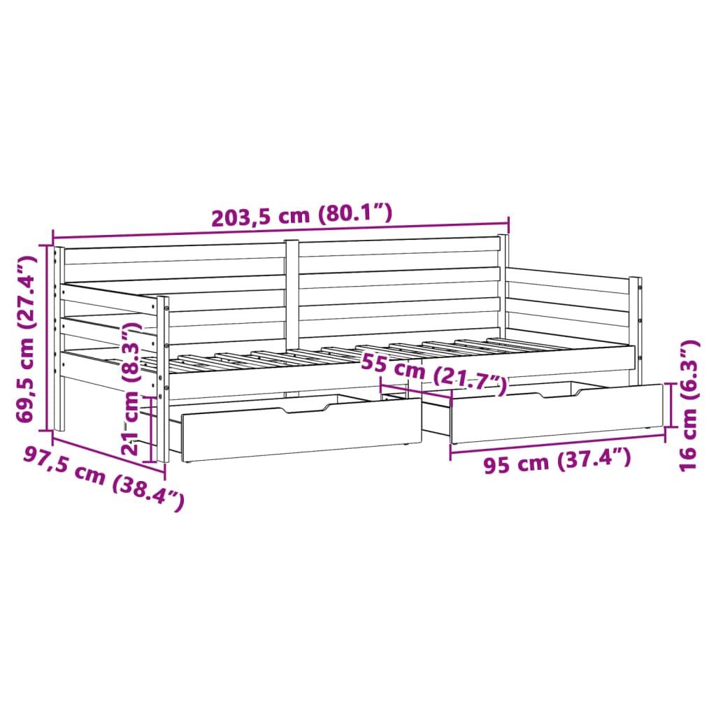 vidaXL daybed med skuffer 90x200 cm massivt fyrretræ