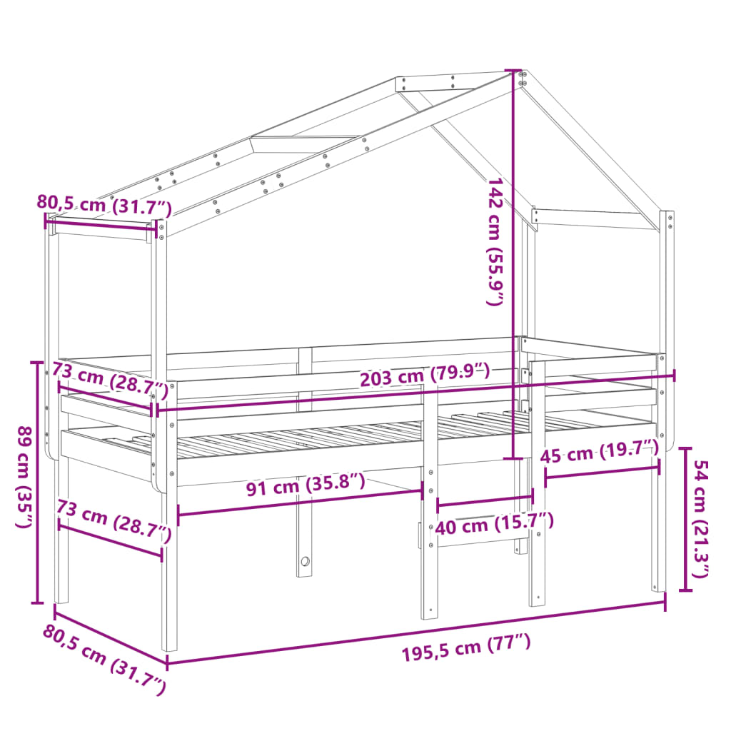 vidaXL højseng med tag 75x190 cm massivt fyrretræ