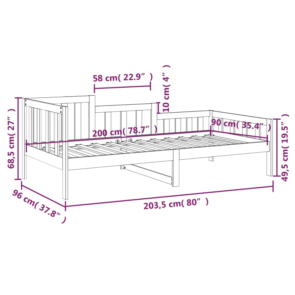 vidaXL daybed 90x200 cm massivt fyrretræ sort