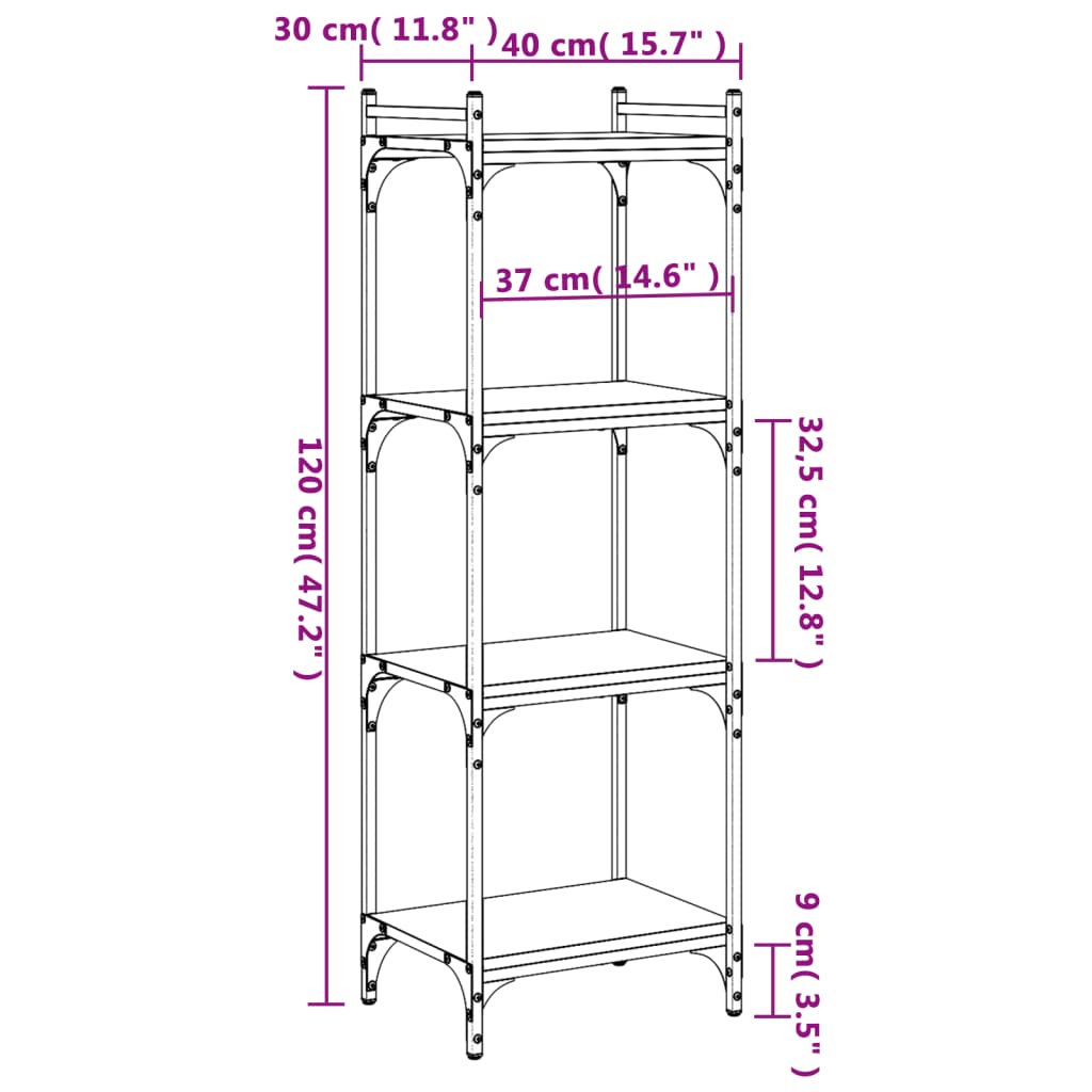 vidaXL bogreol 4 hylder 40x30x120 cm konstrueret træ grå sonoma-eg