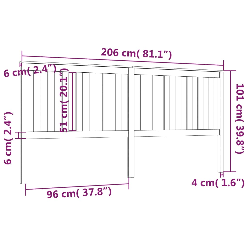 vidaXL sengegærde 206x6x101 cm massivt fyrretræ sort