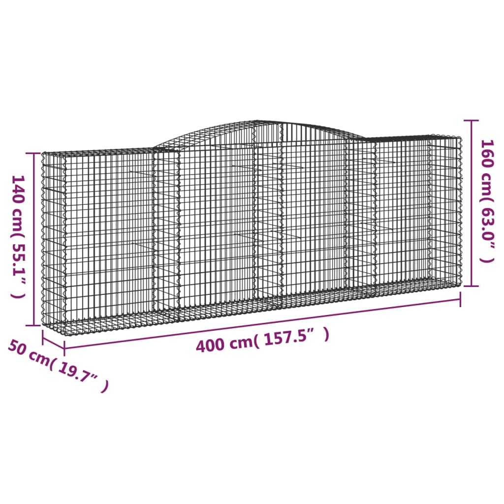 vidaXL buede gabionkurve 7 stk. 400x50x140/160 cm galvaniseret jern