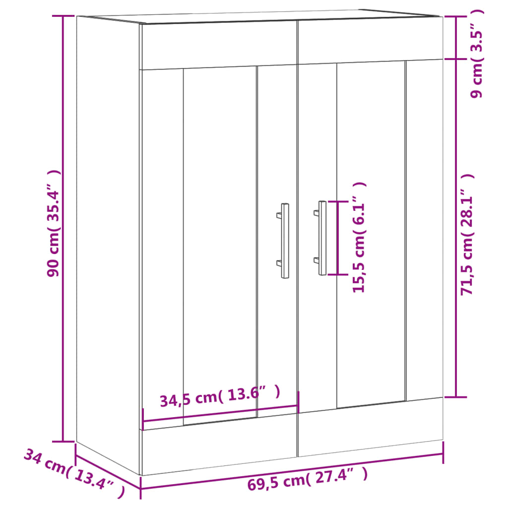 vidaXL vægskab 69,5x34x90 cm konstrueret træ brun egetræsfarve