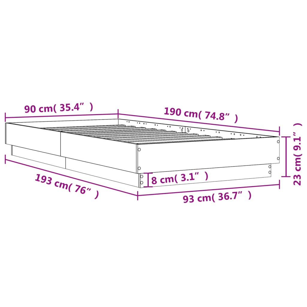 vidaXL sengeramme med LED-lys 90x190 cm brun egetræsfarve