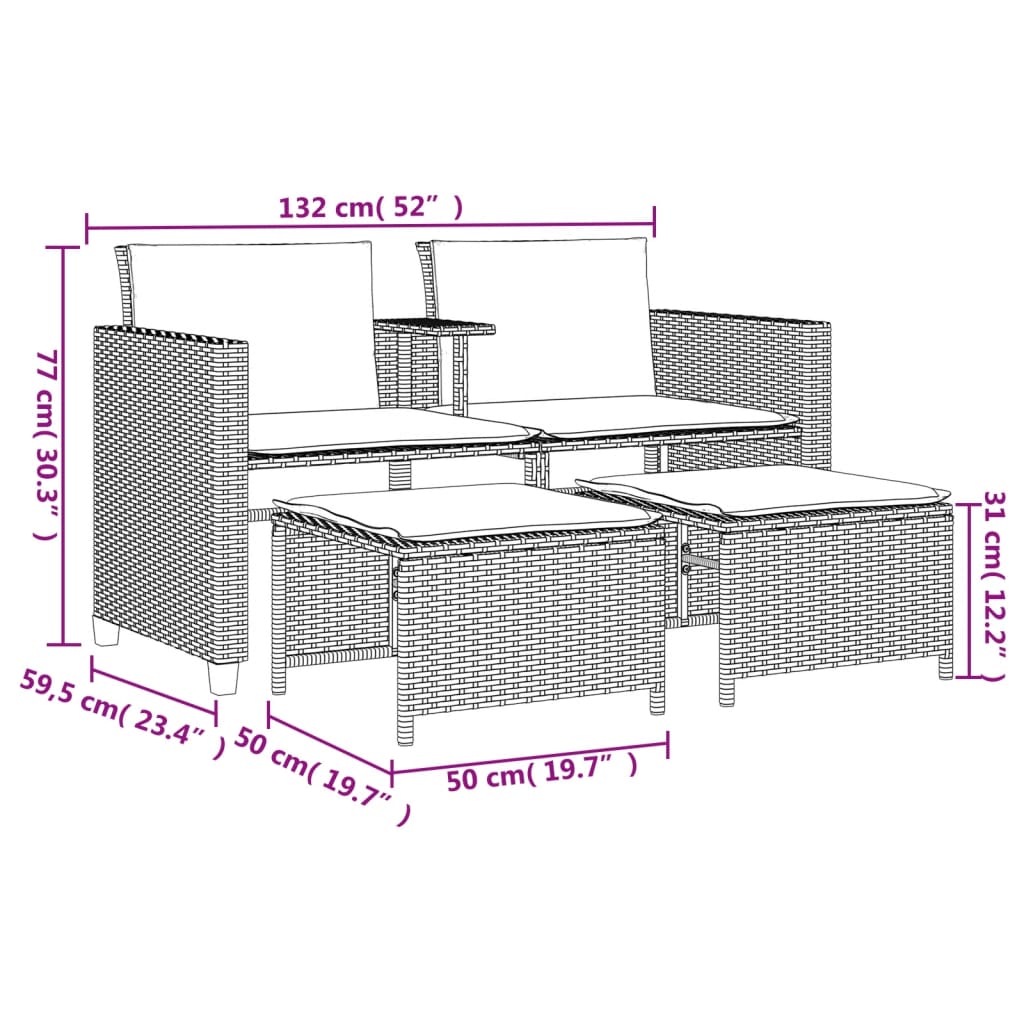 vidaXL 2-personers havesofa med bord og skamler polyrattan sort