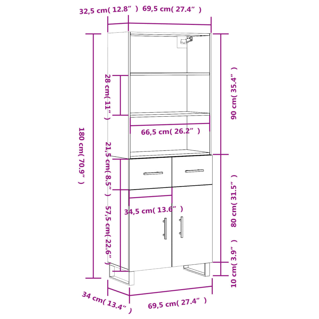 vidaXL højskab 69,5x34x180 cm konstrueret træ grå sonoma-eg