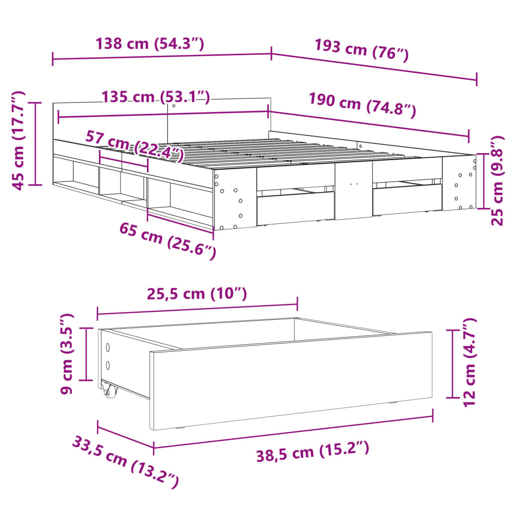 vidaXL sengeramme med skuffer 135x190 cm konstrueret træ sort