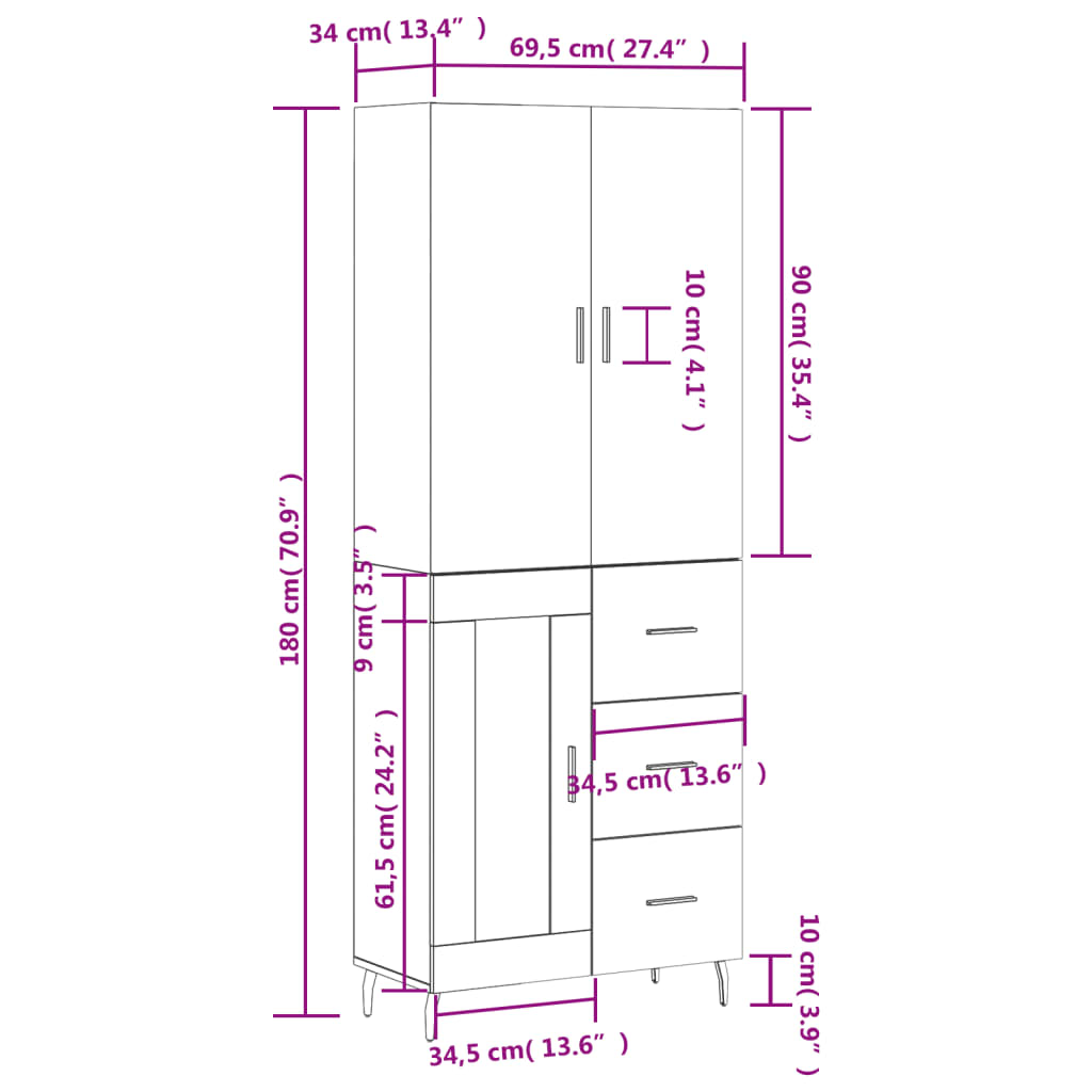 vidaXL højskab 69,5x34x180 cm konstrueret træ røget egetræsfarve