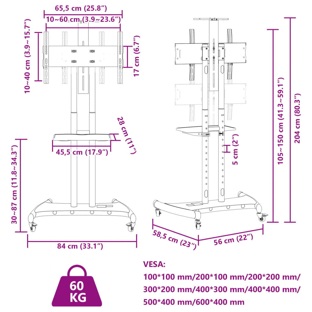 vidaXL tv-stativ med hjul 32-70" skærm maks. VESA 600x400 mm 60 kg