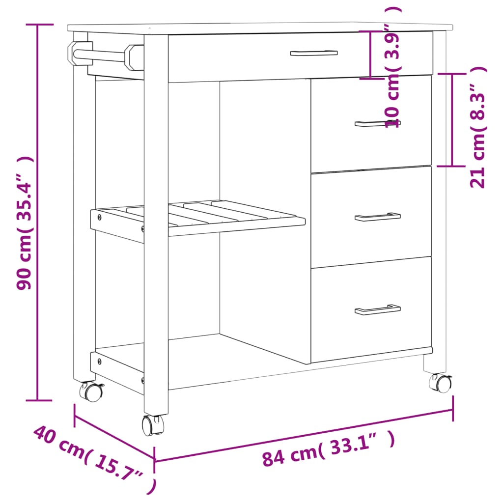 vidaXL køkkenvogn MONZA 84x40x90 cm massivt fyrretræ