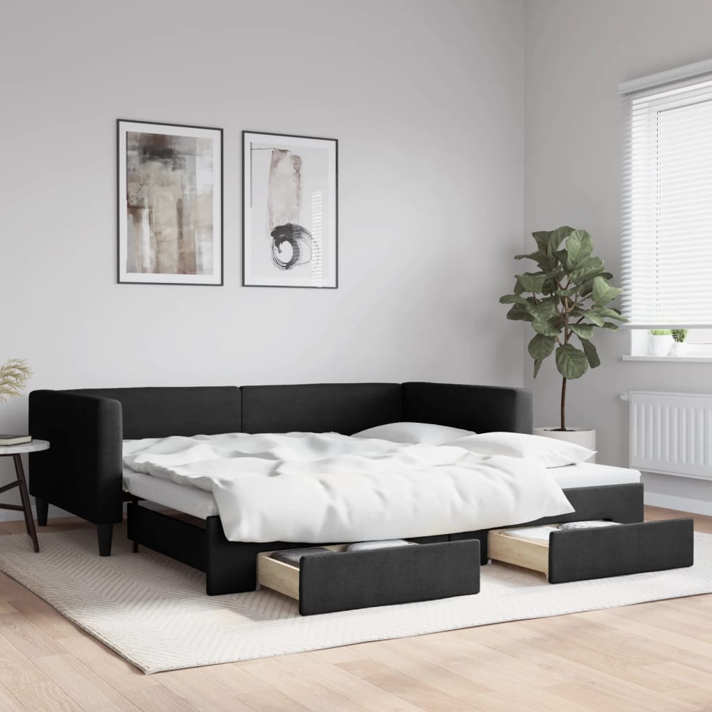 vidaXL daybed med udtræk og skuffer 100x200 cm stof sort