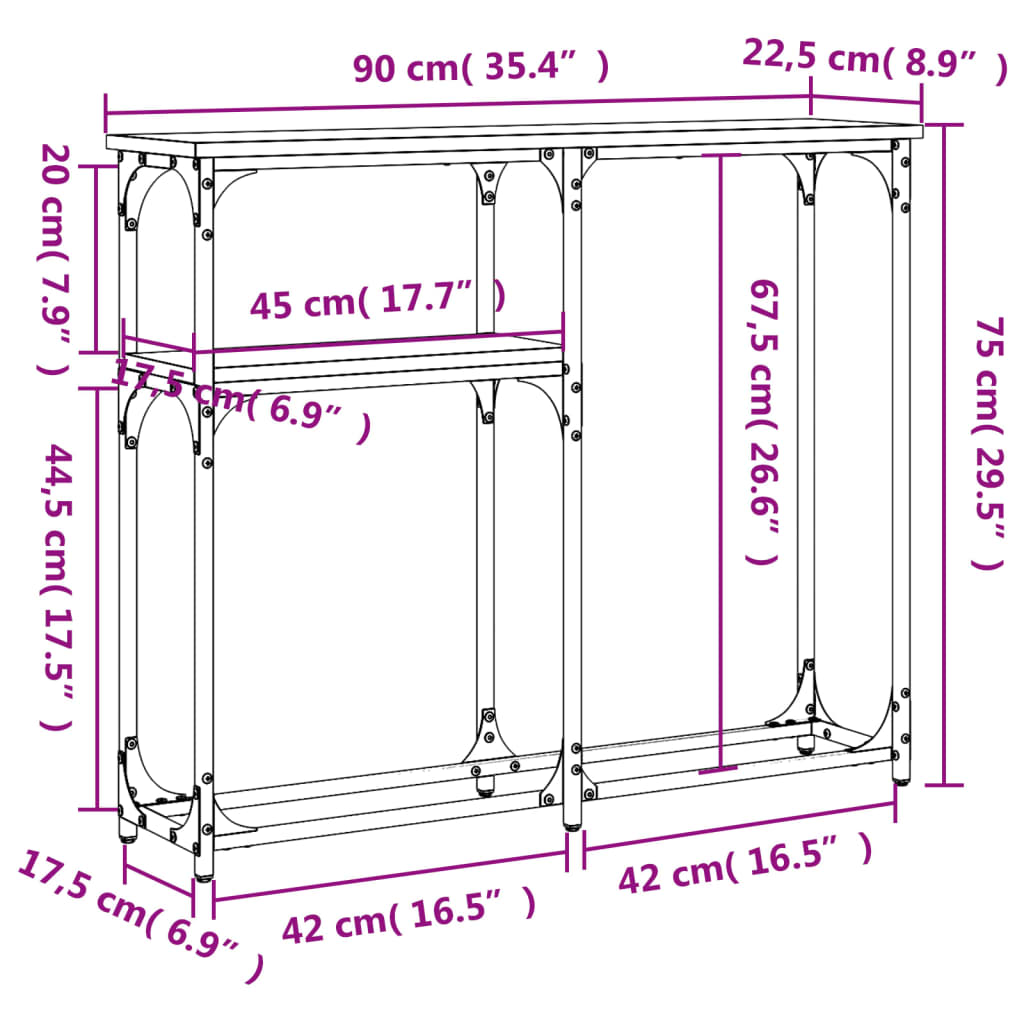 vidaXL konsolbord 90x22,5x75 cm konstrueret træ brunt egetræ